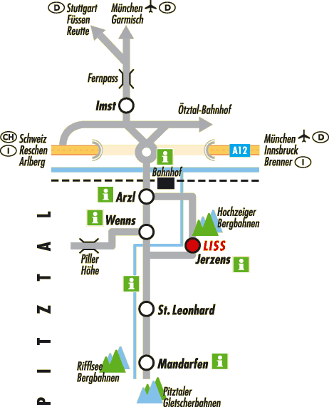 Lage der Hochzeiger Bergbahnen Jerzens im Pitztal